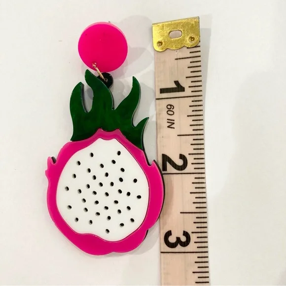 Fruit earrings hot pink Dragonfruit large acrylic dangles summer fruity jewelry - Picture 5 of 6